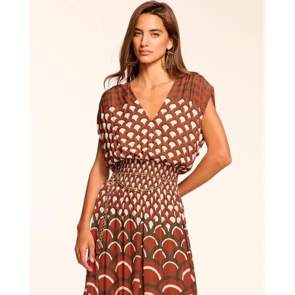 Ramy Brook Elie V-Neck Smocked Midi Dress in Amber Retro Large Womens Blouson - Picture 2 of 10